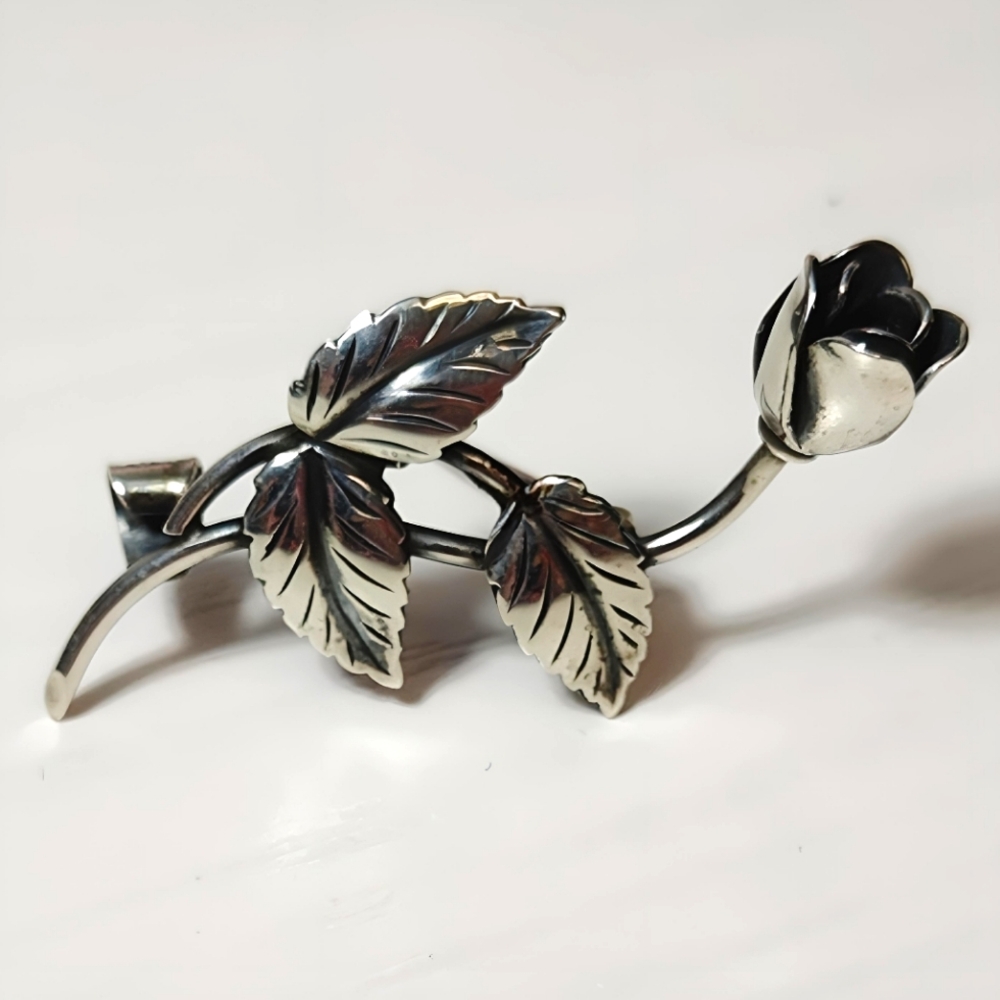 Vintage 1954 Sterling Silver Swedish Designer Tage Linde Rose Brooch Pin